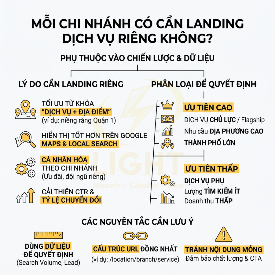 Infographic hướng dẫn quyết định tạo landing page dịch vụ riêng cho từng chi nhánh và các nguyên tắc SEO cần lưu ý